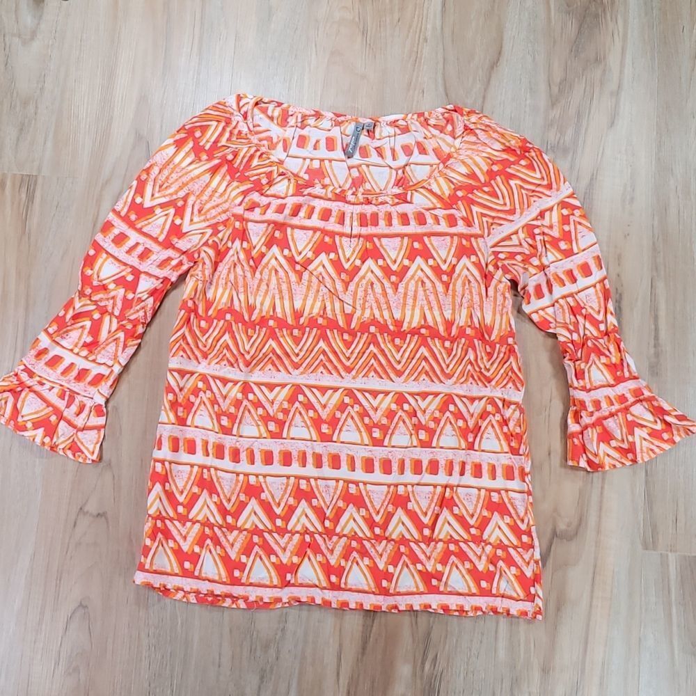 🔺️New Directions Orange & White Boho Bell Sleeve Top Small